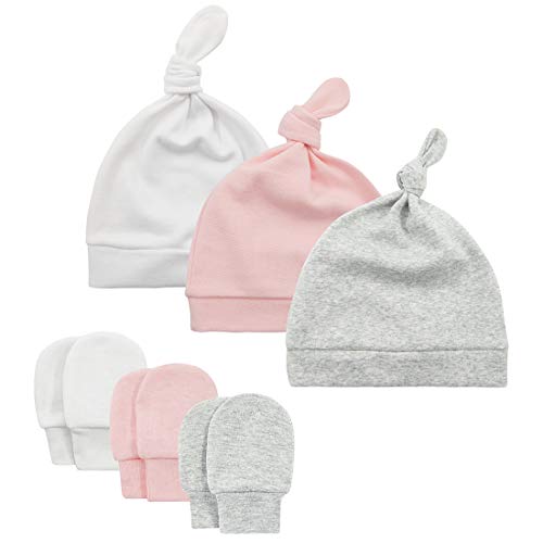 Durio Neugeborenes Babymütze und Handschuhe Set Knoten Beanie Hut Kratzfäustlinge Baby Jungen Mädchen 0-6 Monate Weiß Rosa u. Grau von Durio