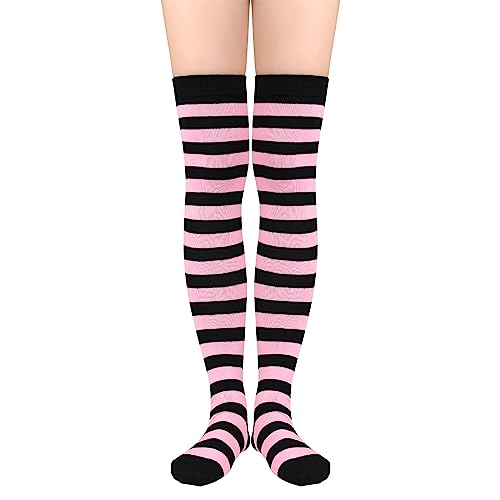 Durio Overknees Strümpfe Damen mit streifen gestreift knee high socks tigh high programmatic Kniestrümpfe für Kostüme Karneval Halloween Strümpfe Rosa Schwarz Streifen von Durio