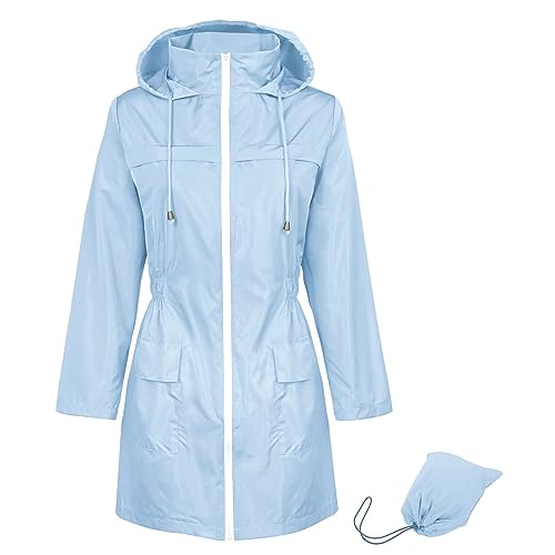 Durio Regenjacke Damen Wasserdicht Atmungsaktiv mit Kapuze Leicht Faltbar übergangsjacke Outdoorjacke mit Verstellbare Kordelzug-Taille Hellblau L von Durio