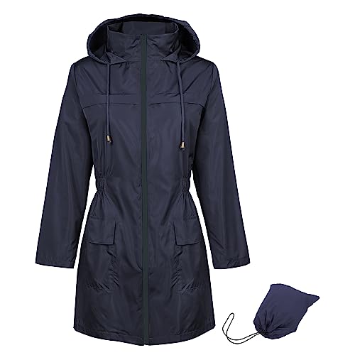 Durio Regenjacke Damen Wasserdicht Atmungsaktiv mit Kapuze Leicht Faltbar übergangsjacke Outdoorjacke mit Verstellbare Kordelzug-Taille Marineblau M von Durio