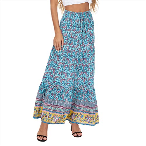 Durio Rock Damen Lang Plisseerock Maxirock Boho Sommerrock Faltenrock Strandkleider Elastische Taille Blau-Blumen 36-38 (Tag Size S) von Durio