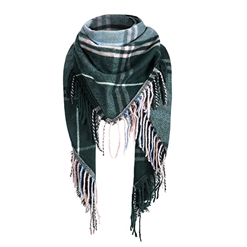 Durio Schal Damen Winter Dreieckstuch Herbstschal Schal Weich Deckenschal Kaschmir Tuch Elegant Mit Fransen Blau Grün Kariert Einheitsgröße von Durio