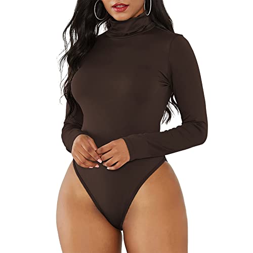 Durio Sexy Body Damen Langarm Elegant Bodysuit Tops Bodies Oberteil Overall Stringbody mit Rollkragen Braun 44 (Tag Size XL) von Durio