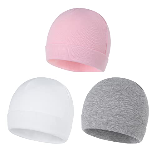 Durio Unisex Baumwoll Baby Mütze Erstlingsmützen für Neugeborene Slouch Beanie Jungen Mädchen für 0-6 Monate 3 Paar-Grau Weiß u. Rosa von Durio