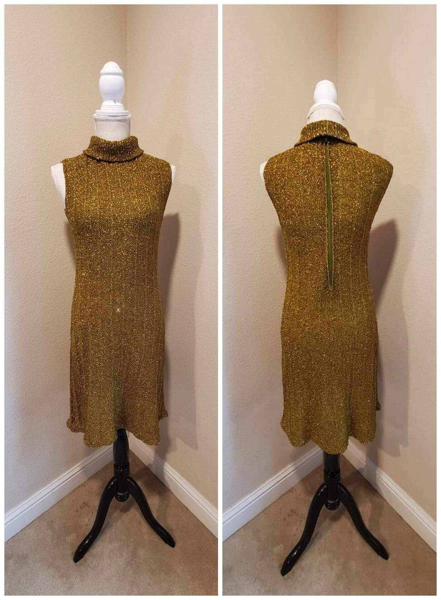 As Iswounded Vintage 60Er Jahre Kimberly Olivgrün Ärmellos Rollkragen Metallic Lurex Garn Strick Pullover Kleid Medium Large von DutchieDollVintage