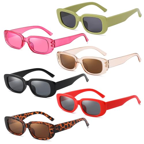 Dwenarry Bunte Rtro Sonnenbrille Rechteckige Vintage Sonnenbrillen Set Trendy Brille Set für Damen Plastik Aesthetic Partybrillen Bunt 6 Stücke von Dwenarry