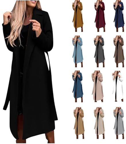 Dyhxuan Damen Trenchcoat Elegant Mode Jacke Cardigan Zweireiher Langer Mantel Winddichter Wintermantel Windjacke Übergangsmantel mit Taschen Einfarbig Revers Damenmantel mit Knöpfen Winterjacke von Dyhxuan