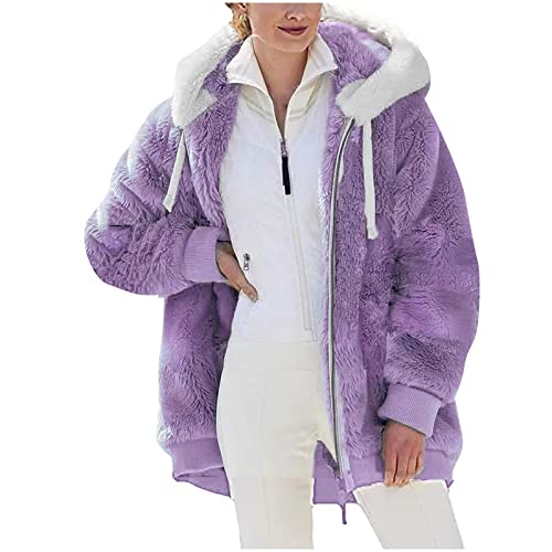 Dyhxuan Fleecejacke Damen Mode Einfarbige Winterjacke Langarm Übergangsjacke mit Reißverschluss Teddy Plüschjacke mit Kapuze Teenager Mädchen Softshelljacke Große Größen Outdoorjacke Kapuzenjacke von Dyhxuan