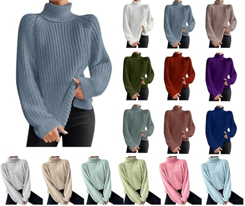 Dyhxuan Strickpullover Damen Winter Warm Pullover Modische Einfarbige Rollkragenpullover Langarm Ohne Kapuze Longpullover Unregelmäßig Winterpullover Teenager Mädchen Pulli Langarmshirt Oberteile von Dyhxuan