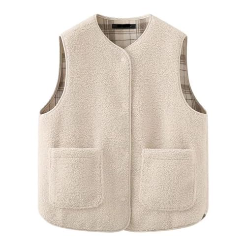 Weste Damen Kurz Fleeceweste Plüschweste Mantel Trendige Einfarbige Teddy Winterweste ärmellos Cardigan Winterjacke Knöpfe Tasche Übergangsweste Übergangsjacke Damenweste Softshellmantel von Dyhxuan