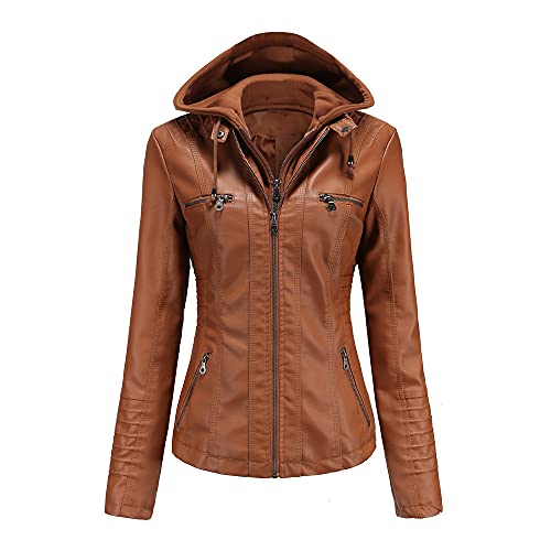 E-girl Damen Braun Lederjacke Schlank Kurz Kunstleder Kapuze Jacket Reißverschluss Motorrad Jacke für Frühling und Herbst,XL,C6699N von E-girl