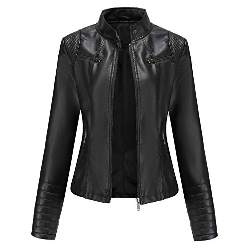 E-girl Damen Schwarz Kunstleder Motorrad Jacke Lederjacke Schlank Reißverschluss Stehkragen Kurz Mantel,36,PN788 von E-girl