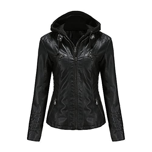 E-girl Damen Schwarz Lederjacke Schlank Kurz Kunstleder Kapuze Jacket Reißverschluss Motorrad Jacke für Frühling und Herbst,7XL,C6699N von E-girl