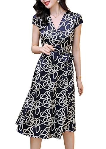 E-girl Dunkelblau Seide Damen Kleid Kurzarm Kordelzug Elegant Seidenkleid V-Ausschnitt Midi Freizeitkleid Bedrucktes A-Linie Sommerkleid,40,E2388 von E-girl