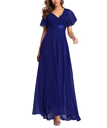 ECDAHICC Damen Abendkleider Gürtel V-Ausschnitt Hohe Taille A-Linie Chiffon Brautjungfernkleid Elegant Lang Ballkleid(BE,L) von ECDAHICC