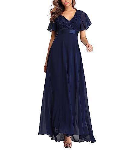 ECDAHICC Damen Abendkleider Gürtel V-Ausschnitt Hohe Taille A-Linie Chiffon Brautjungfernkleid Elegant Lang Ballkleid(ZQ,2XL) von ECDAHICC