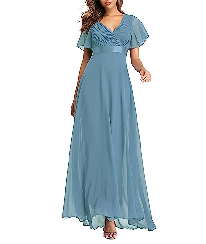 ECDAHICC Damen Abendkleider Gürtel V-Ausschnitt Hohe Taille A-Linie Chiffon Brautjungfernkleid Elegant Lang Ballkleid(AB,M) von ECDAHICC