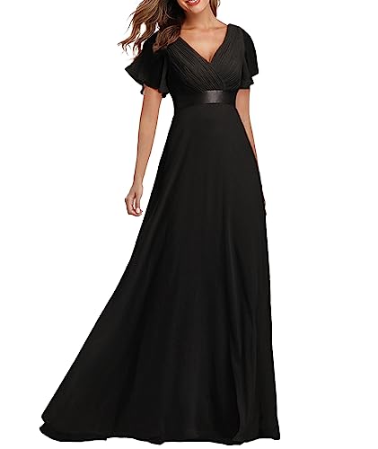 ECDAHICC Damen Abendkleider Gürtel V-Ausschnitt Hohe Taille A-Linie Chiffon Brautjungfernkleid Elegant Lang Ballkleid(BL,XL) von ECDAHICC