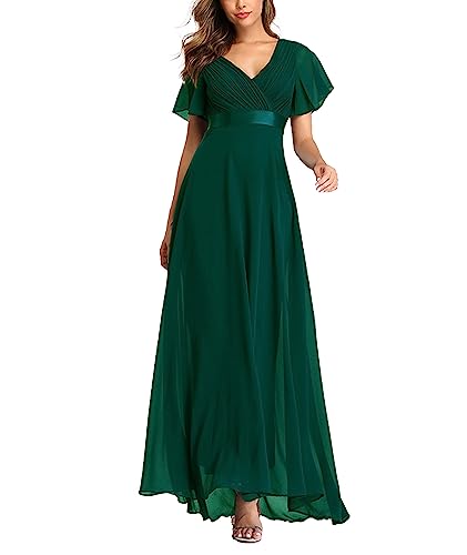 ECDAHICC Damen Abendkleider Gürtel V-Ausschnitt Hohe Taille A-Linie Chiffon Brautjungfernkleid Elegant Lang Ballkleid(GR,L) von ECDAHICC