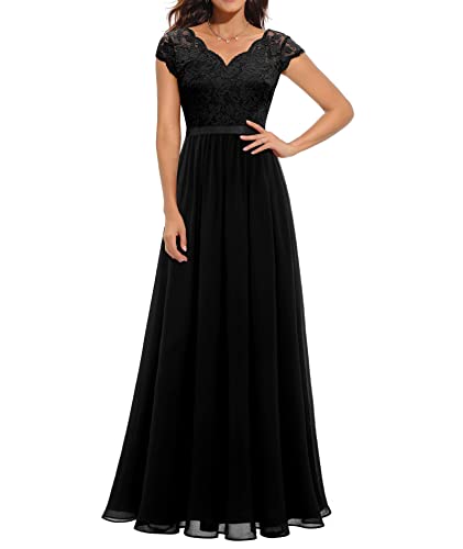 ECDAHICC Damen Elegant Spitze Rüschen Maxikleid V-Ausschnitt Kurze Ärmel Hohe Taille Brautjungfernkleid Langes Abendkleid BL2-L von ECDAHICC