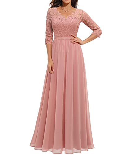 ECDAHICC Damen Elegant Spitze Rüschen Maxikleid V-Ausschnitt Kurze Ärmel Hohe Taille Brautjungfernkleid Langes Abendkleid PI1-L von ECDAHICC