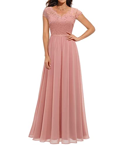 ECDAHICC Damen Elegant Spitze Rüschen Maxikleid V-Ausschnitt Kurze Ärmel Hohe Taille Brautjungfernkleid Langes Abendkleid PI2-L von ECDAHICC