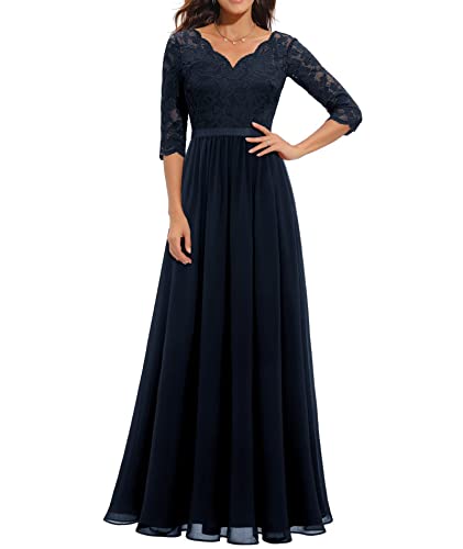 ECDAHICC Damen Elegant Spitze Rüschen Maxikleid V-Ausschnitt Kurze Ärmel Hohe Taille Brautjungfernkleid Langes Abendkleid ZQ1-M von ECDAHICC