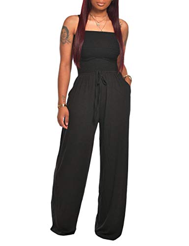 ECDAHICC Damen Strapless Tube Top Strampler Casual Off Shoulder Solid Color Gürtel Wide Leg Overall mit Taschen - Schwarz - XX-Large von ECDAHICC