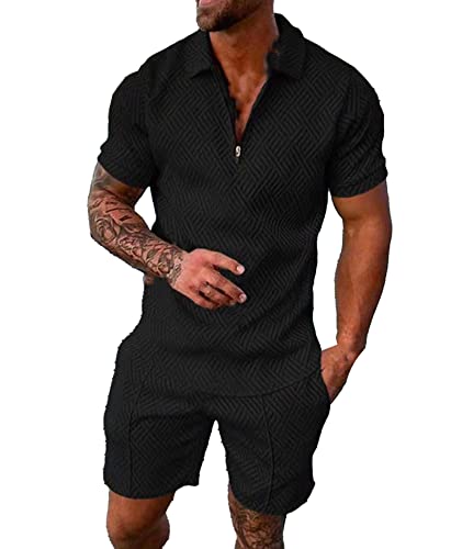 ECDAHICC Herren Kurze Sets 2 Stück Outfits Kurze Ärmel Zip Up Shirt und Shorts Set Sommer Anzug Casual Trainingsanzug Athletic Sport Anzüge BL-6XL von ECDAHICC