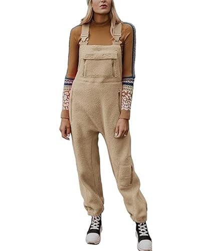 ECDAHICC Jumpsuits für Damen Lässiger Latzhose Arbeitshose Fleece Winter Warme Overalls Sporthose mit Taschen(KH,M) von ECDAHICC