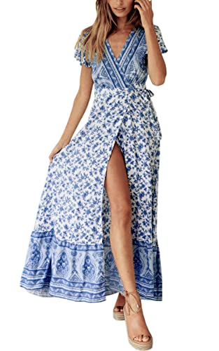 ECOWISH Damen Kleider Boho Sommerkleid V-Ausschnitt Maxikleid Kurzarm Strandkleid Lang mit Schlitz Hellblau S von ECOWISH