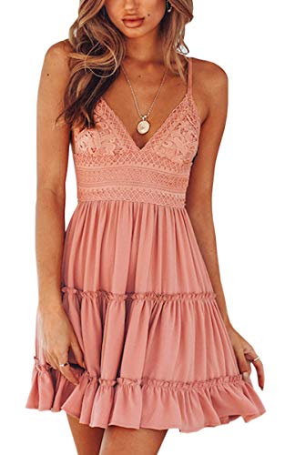 ECOWISH V Ausschnitt Kleid Damen Spitzenkleid Träger Rückenfreies Kleider Sommerkleider Strandkleider Rosa-1 XL von ECOWISH