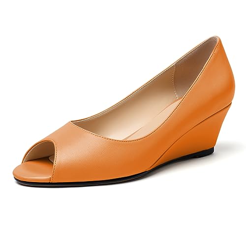 EDEFS Damen Keilabsatz Niedriger Absatz Pumps Schuhe zum Reinschlüpfen Peeptoes zum Reinschlüpfen niedriger Absatz Orange Matt EU41 von EDEFS