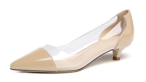 EDEFS Damen Klassische Spitze Zehen Kitten Heels Elegante Slip-On Hochzeitsschuhe Transparentes PVC Lackbeige Größe EU39 von EDEFS