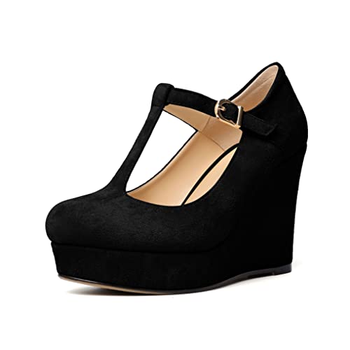 EDEFS Damen Pumps T-Strap Plattform Keilabsätze Schnalle Runde Zehenkappe Komfort Sexy Komfort Damen Pumps Schwarz EU39 von EDEFS