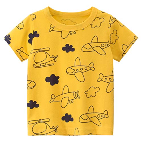 Baby T-Shirt Jungen Mädchen Kurzarm Baumwolle Karikatur Dinosaurier Tier Gedrucktes Tops Süß Komfort Kinder Kleidung Geburtstagsshirt für 1-7 Jahre Alt (C Flugzeug Gelb, 2-3 Jahre) von EDOTON