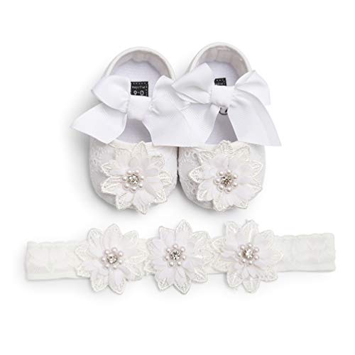 EDOTON 2 Pcs Kleinkind Schuhe+ Stirnband, Baby Mädchen Blumen Schuh Anti-Rutsch-Weiche Besondere Anlässe Taufe Hochzeit Party Schuhe (12-18 Monate, B - Weiß) von EDOTON