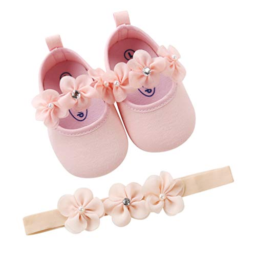 EDOTON 2 Pcs Kleinkind Schuhe+ Stirnband, Baby Mädchen Blumen Schuh Anti-Rutsch-Weiche Besondere Anlässe Taufe Hochzeit Party Schuhe (Rosa, Numeric_17) von EDOTON