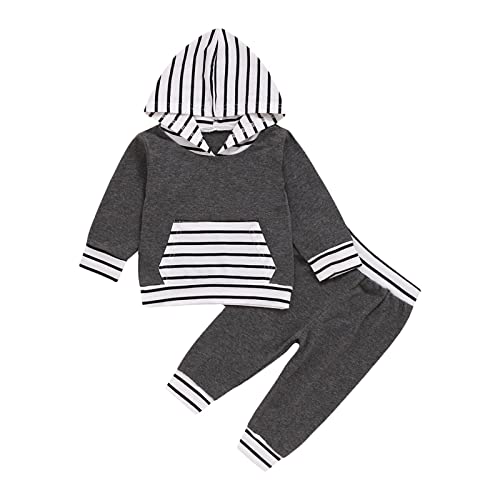 EDOTON Baby Mädchen Outfit 2 Stücke Set Gestreifte Blumen Hoodies mit Tasche Top + Lange Hosen Sweatshirt Outfit Kleidung (3-6 Monate,Y Weiß Grau) von EDOTON