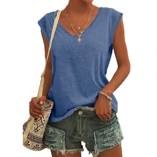 EDOTON Bluse Damen Kurzarm T-Shirt V Ausschnitt Casual Crop Tops Ärmel Lose Tops Lose Tank Top Tuniken für Damen(M,Blau) von EDOTON