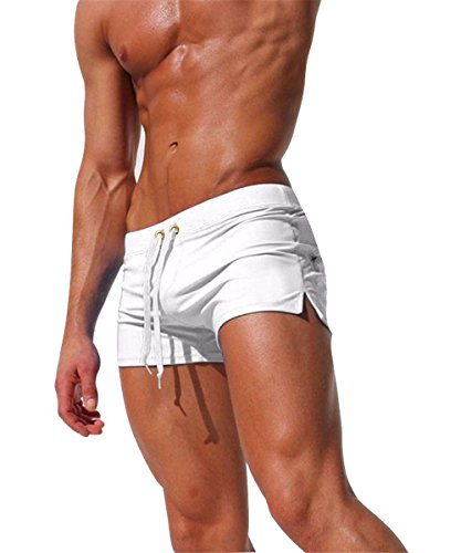 EDOTON Herren Badehose Jungen Bademode Sexy Badeshorts für Männer Schwimmhose mit Reißverschlusstasche Trainingsshorts Elastisch Verstellbar Mit Tunnelzug Badeshorts (EU L/Tag XL, Weiß) von EDOTON