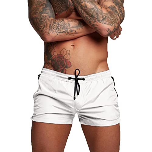 EDOTON Herren Badehose Jungen Bademode Sexy Badeshorts für Männer Schwimmhose mit Reißverschlusstasche Trainingsshorts Elastisch Verstellbar Mit Tunnelzug Badeshorts (EU M, A - Weiß) von EDOTON