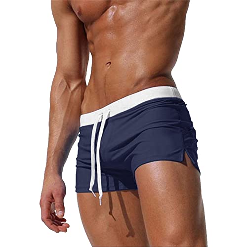 EDOTON Herren Badehose Jungen Bademode Sexy Badeshorts für Männer Schwimmhose mit Reißverschlusstasche Trainingsshorts Elastisch Verstellbar Mit Tunnelzug Badeshorts (EU M/Tag L, Marine) von EDOTON