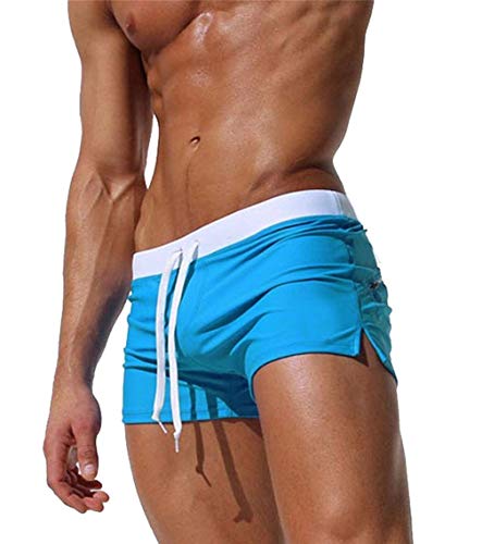 EDOTON Herren Badehose Jungen Bademode Sexy Badeshorts für Männer Schwimmhose mit Reißverschlusstasche Trainingsshorts Elastisch Verstellbar Mit Tunnelzug Badeshorts (EU XL/Tag XXL, Blau) von EDOTON