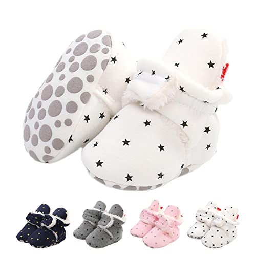 EDOTON Unisex-Baby Neugeborenes Fleece Booties, Baby Jungen Mädchen Weiche Sohlen Streifen Bootie Kleinkind Stiefel Niedlich Stiefel Socke Einstellbar,D Weiß von EDOTON