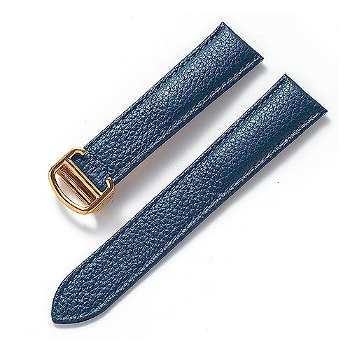 EDVENA Kompatibel Mit Cartier Tank Litchi Grain Soft Leather Leather Strap Herren Damen Faltschnalle Uhrenzubehör (Color : Peacock blue gold, Size : 13mm) von EDVENA