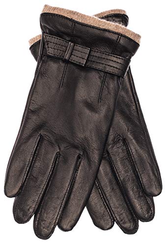 EEM Damen Lederhandschuhe, weiches italienisches Leder, Fleecefutter, Strickbündchen und Zierriegel, schwarz L von EEM Fashion