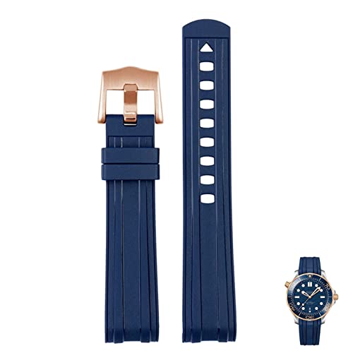 EEOMOiK Für Omega Seamaster 300 Universe 007 gebogenes Ende Fluores Gummi Silikon Uhrenband 20mm 22m Uhr Weichgurt Männer Ersatz (Color : Blue Rose gold, Size : 22mm) von EEOMOiK