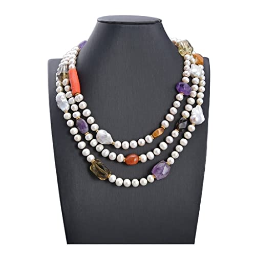 EFDSVUHE Ketten für Damen 19 Zoll 3 Reihen kultivierte weiße Perlen-Keshi-Perlen-Multi-Edelstein-Stein-Halskette erfüllen von EFDSVUHE