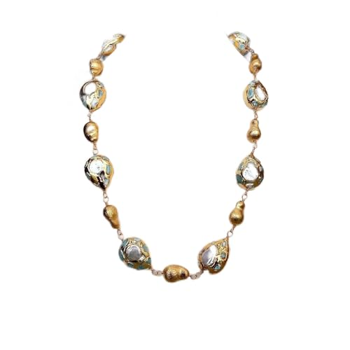 EFDSVUHE Ketten für Damen Natürliche kultivierte weiße Süßwasserperle in Tropfenform, blaues Larimar-Gold, gebürstete Tropfen-Perlen-Halskette, 61 cm von EFDSVUHE